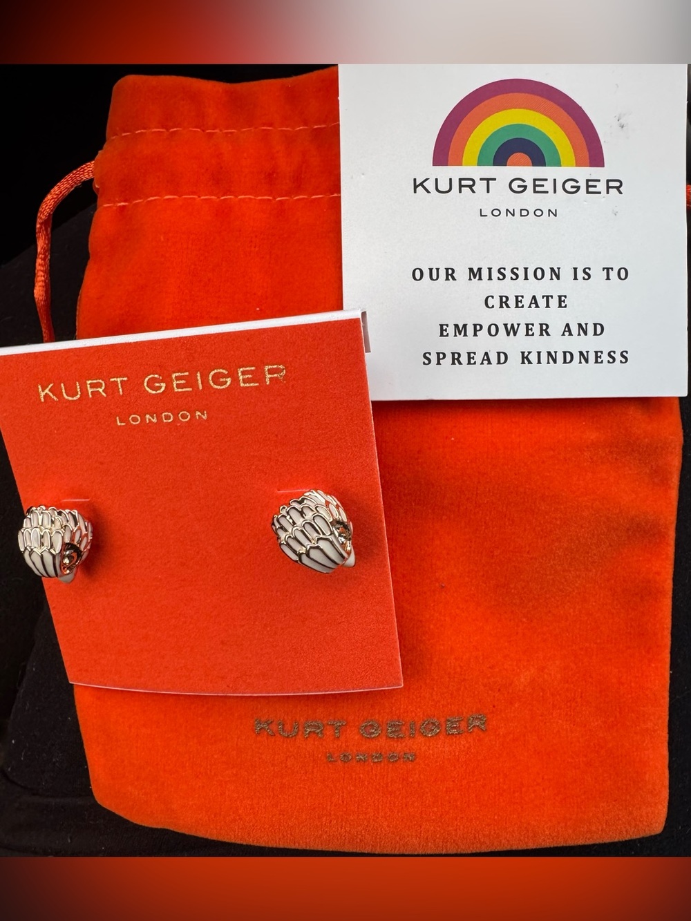 Kurt Geiger London Earrings Gold Tone White Enamel NWT In Dust Bag
